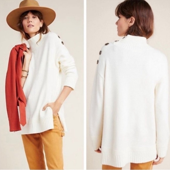 Anthropologie Margarita Mock Neck Tunic Sweater M Ivory Shoulder Button - Picture 1 of 11